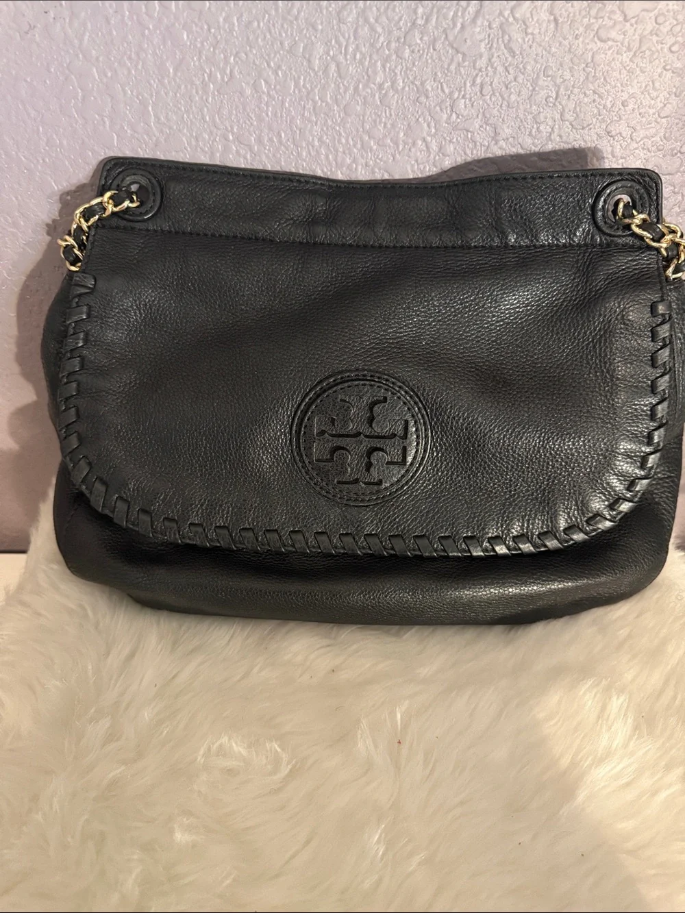 Tory Burch Black Leather Whipstitch Flap Crossbody with Gold Chain
